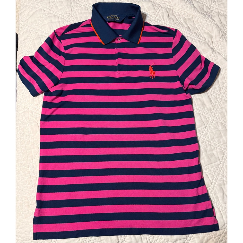 Polo Golf Ralph Lauren Mens Pro Fit Striped Performance Polo Shirt Pink Navy M